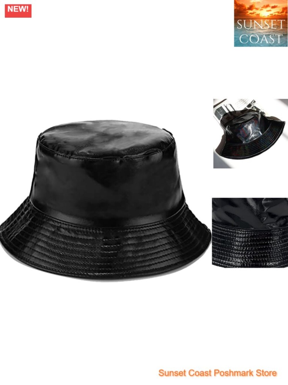 Waterproof PU Leather Wide Brim Bucket Hat Rain Cap Foldable